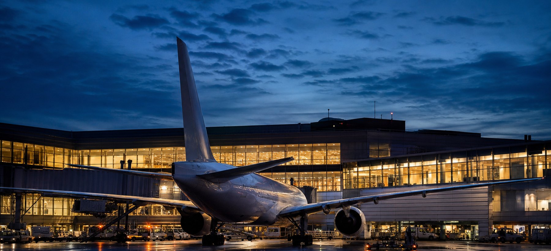 A passenger aircraft at the gate at blue hour, the terminal lit behind it